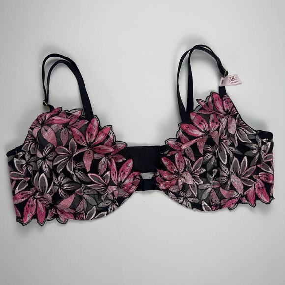 Victoria's Secret Very Sexy Low Cut Demi Black Pink Unlined Appliqué Bra 38C - Picture 1 of 7